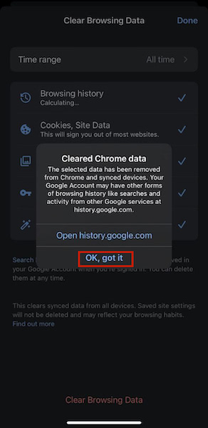 Pop-up menu appears after clearing browsing data showing Open history.google.com and OK, got it