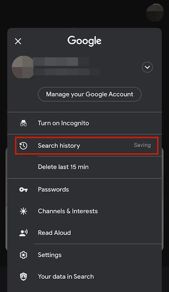 Popup menu in Chrome iOs showing Search history option