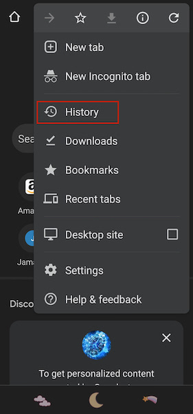 Tapping history menu to access history settings