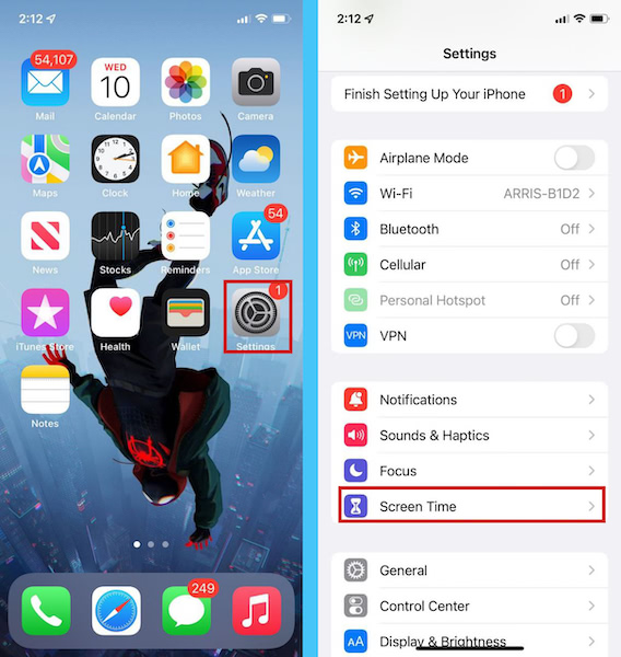 Screen time app located in the Settings option