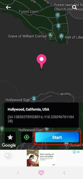 Tapping START to begin spoofing your location using the Fake GPS app