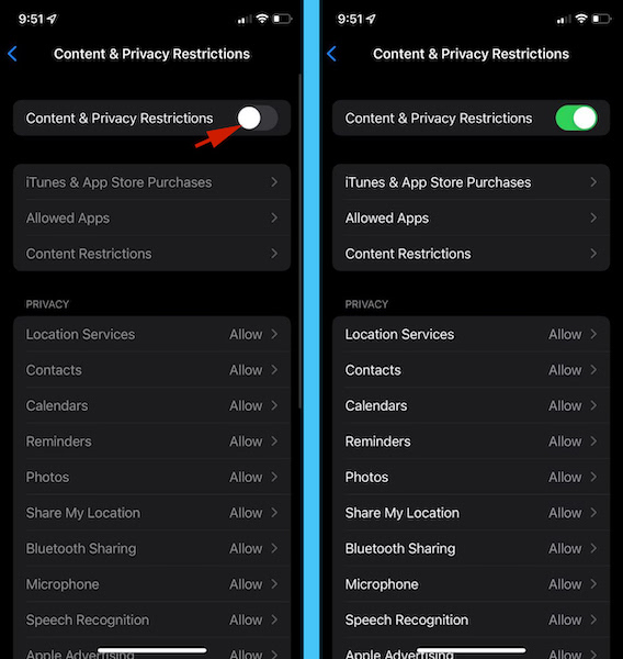 Toggling on Content & Privacy Restrictions to access more options