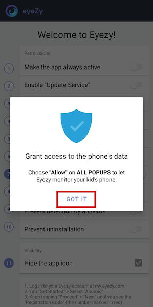 Popup message asking permission to access data about certain aspects of the phone