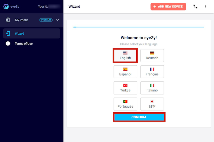 Starting the EyeZY setup by choosing what language you want the wizard to be in