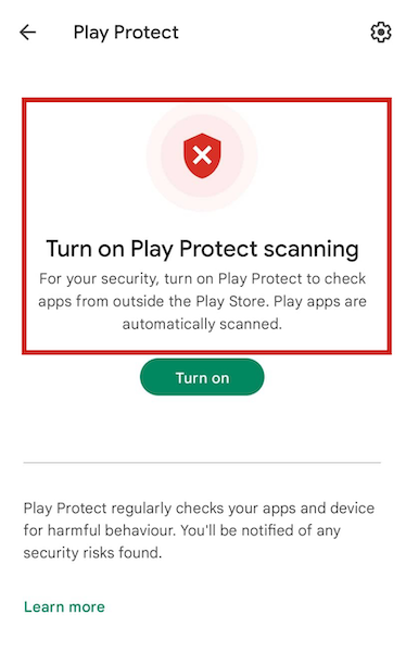 Disabled Play Protect on an android device