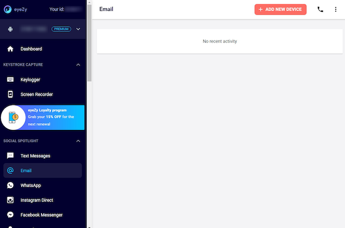 EyeZy's email monitoring page on its web app dashboard