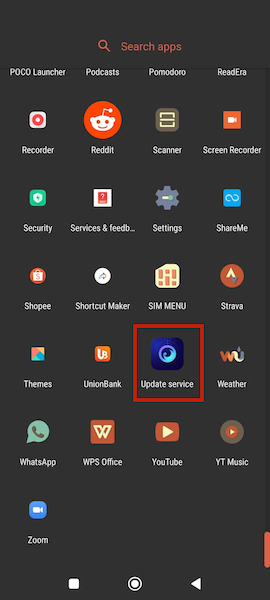 Update Service app on the home screen