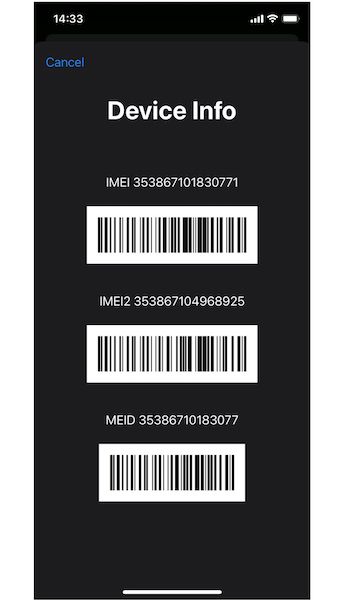Device info screen with IMEI and MEID number