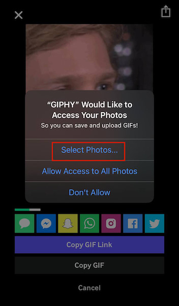 GIPHY app asking for access to Photos, tap Select Photos to grant access