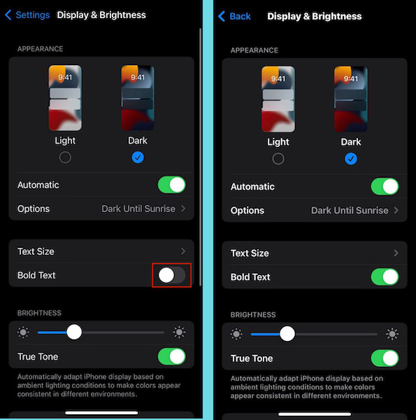Bold text toggle switch inside Display & Brightness option