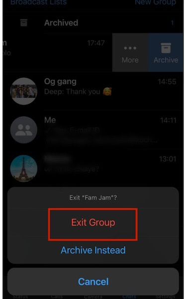 Confirmation to leave a group chat in WhatsApp