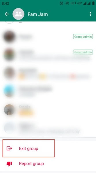 Tapping Exit group button to leave group chat. in WhatsApp android