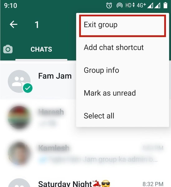 Exit group option after pressing the three vertical dots
