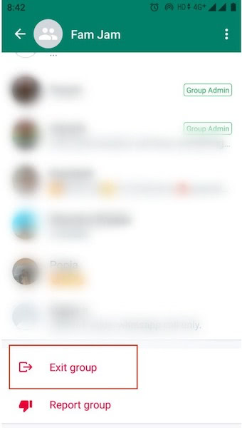 Exit group button to leave a group chat in WhatsApp