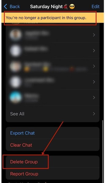 Delete Group button inside the group chat in WhatsApp