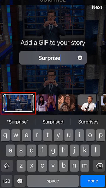 Selecting the desired GIF at the bottom of the screen
