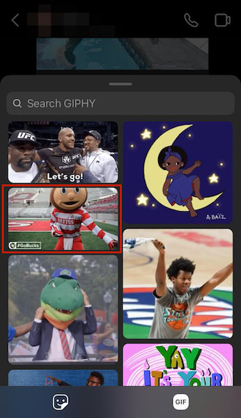 Selecting the desired GIF and tapping the image to send it off