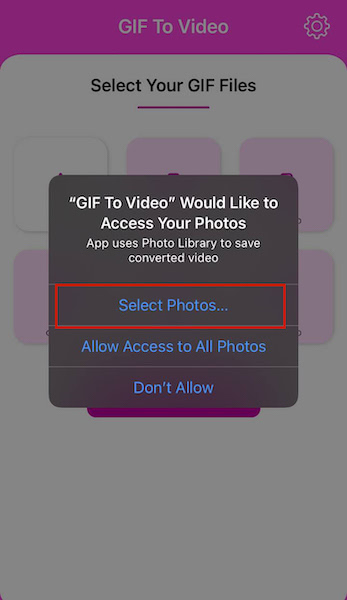 Tapping Select Photos to grant GIF to Video app access to iPhone photos