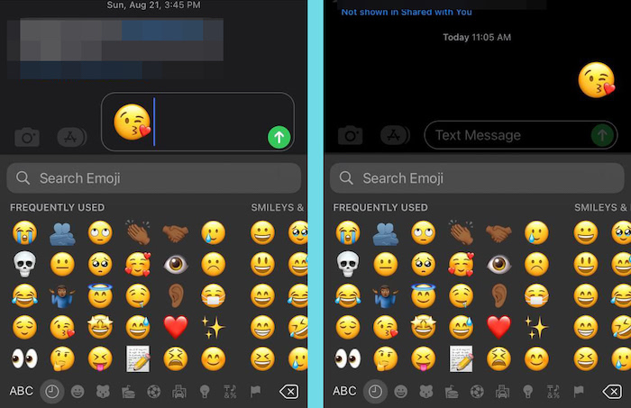 Different types of emoji icons seen as bigger emoji on sent message