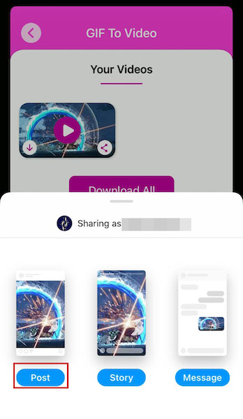 Choose whether to share the newly converted GIF as a post, Instagram story, or message