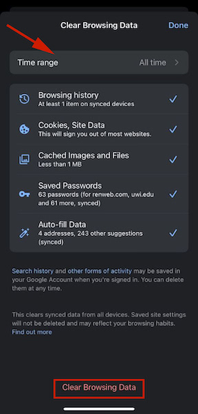 Choose the time range of the history to delete inside Clear Browsing Data option