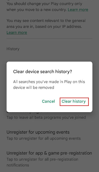 Tapping clear history to confirm