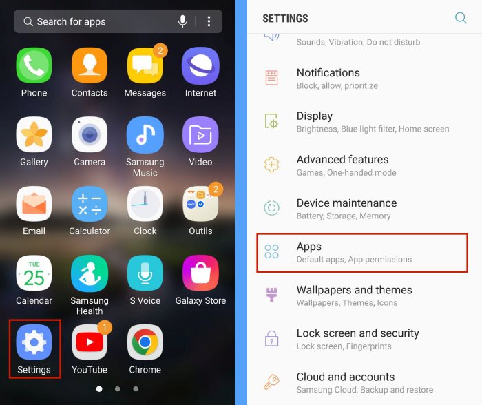 Tapping Apps in the settings menu