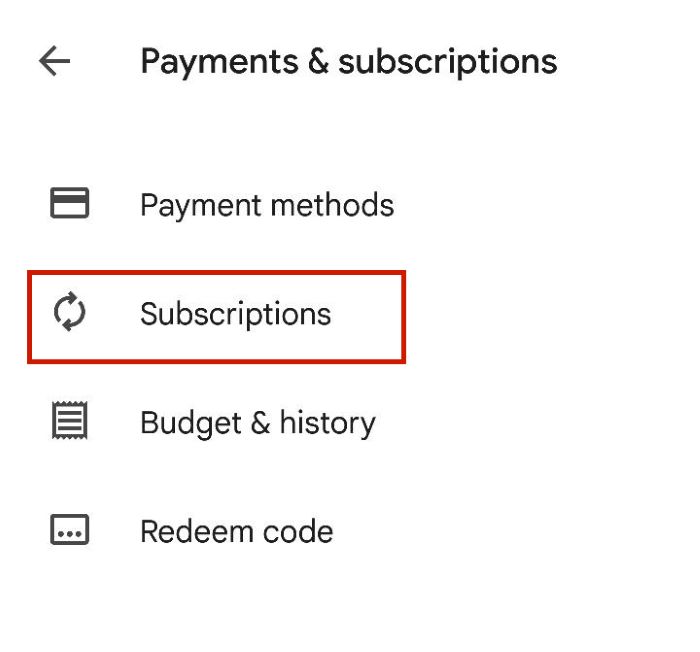 Subscriptions menu inside Google Playstore Account