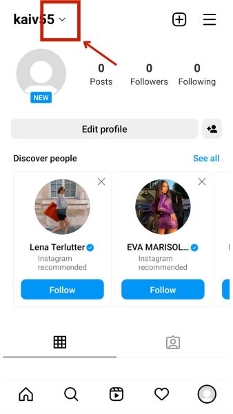 Inverted arrow beside the account name in Instagram app