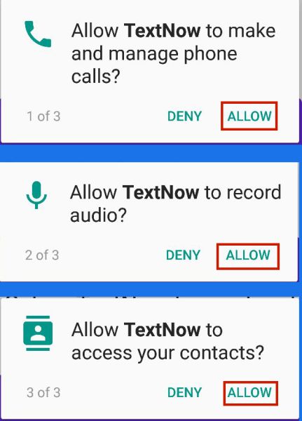TextNow asking for permission to make calls, record audio, and access contacts