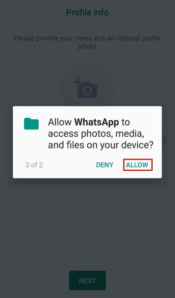 Tapping Allow when WhatsApp asks for permission to access contacts and media