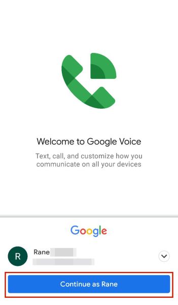 Tap Continue to sign into Voice using a verified Google account
