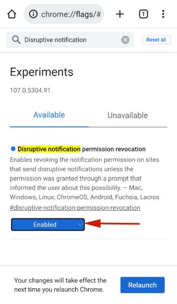 Enabling the Disruptive Notification Permission Revocation flag