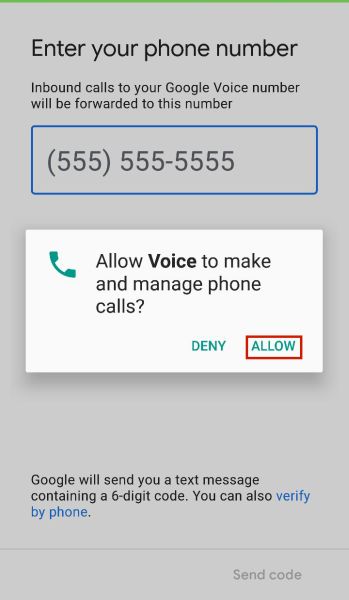 Tapping Allow on the popup to grant Voice permission to manage and make calls