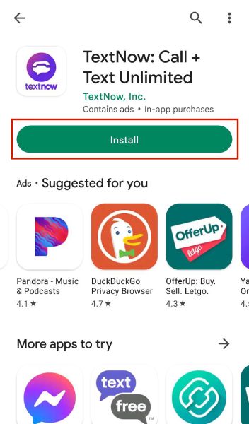 Downloading and installing the TextNow app from the Google Play Store