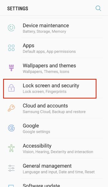 Tapping Lock Screen and Security in an Android device settings