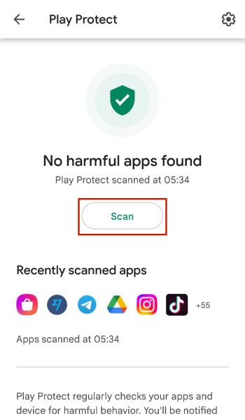Tapping scan to begin scanning an Android device for any spyware