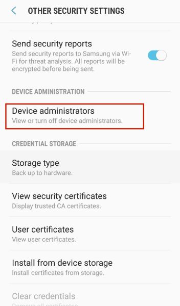 Tapping Device administrators to view the device admin apps