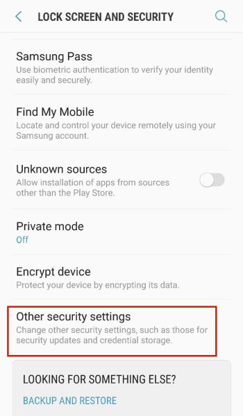 Tapping other security settings in an Android device