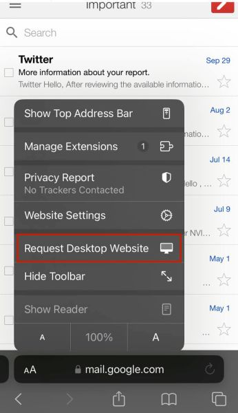 Tapping Request Desktop Website to change the view from the mobile website to the desktop version