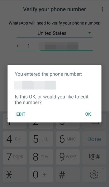 Tapping OK in the popup to confirm landline number to be registered
