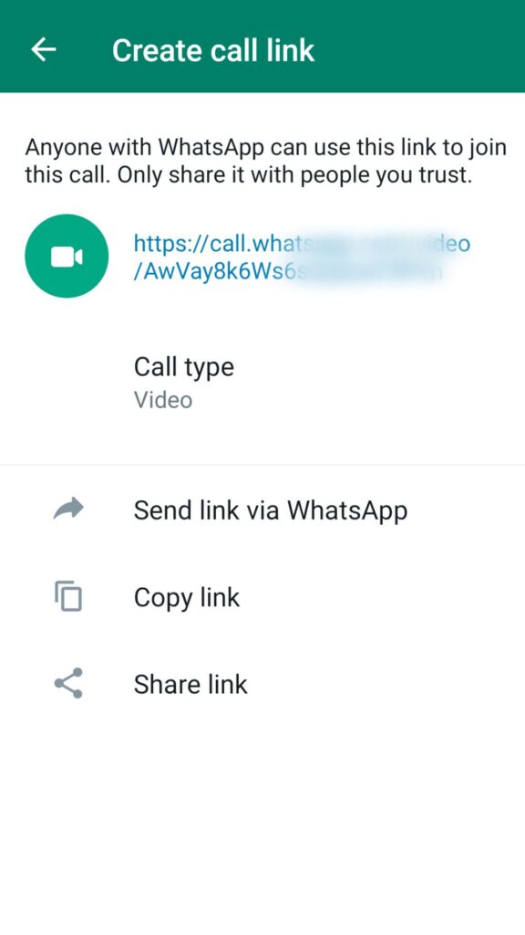 Sharing a call link in Whatsapp