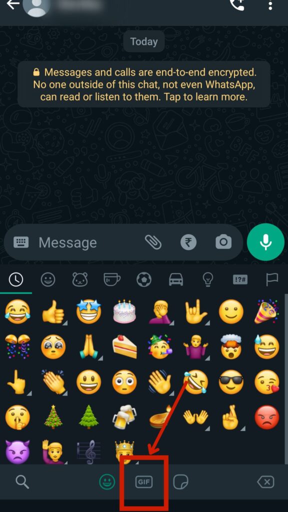 Click on GIF in the center bottom of Whatsapp interface