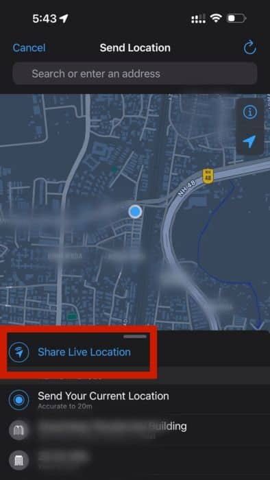 Share live location option at the loaction page