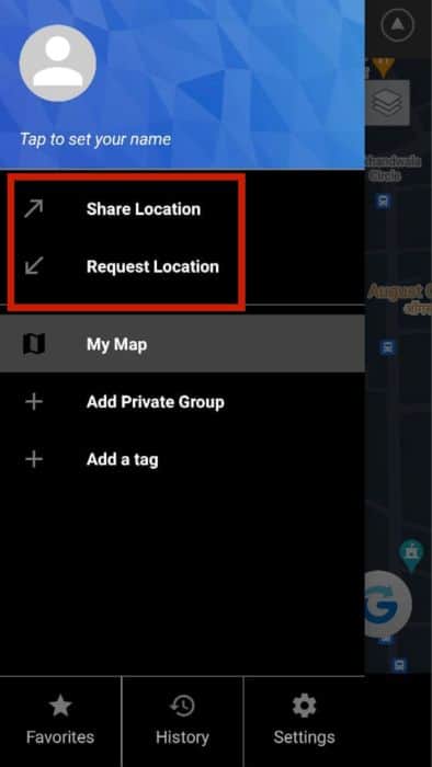 Share or request location options in the left side menu