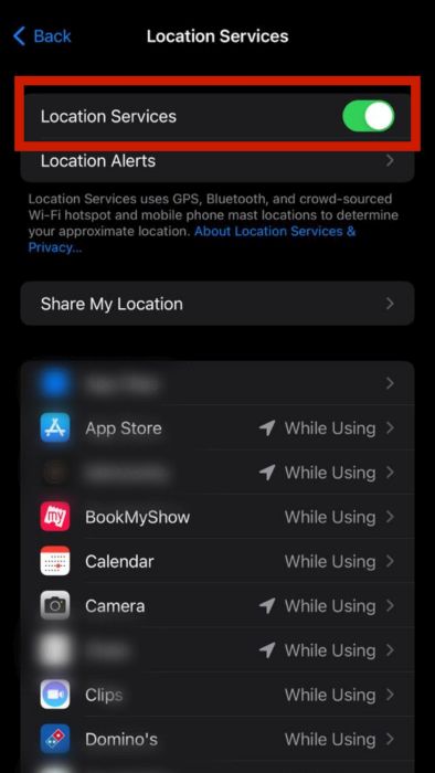 Turn on the location services toggle button