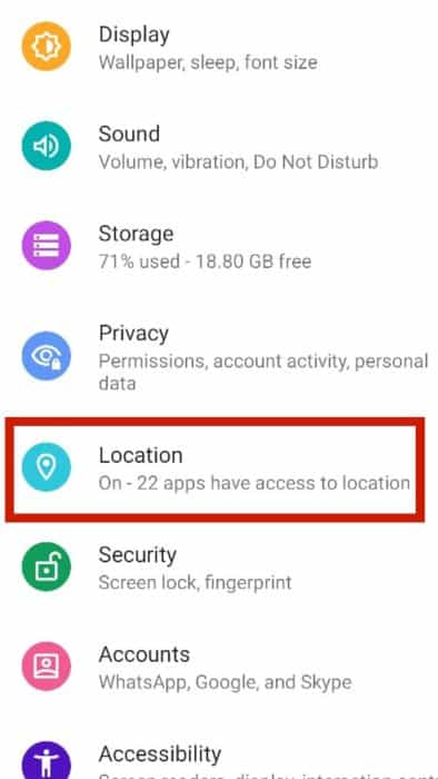 Select location from the settings on your android device
