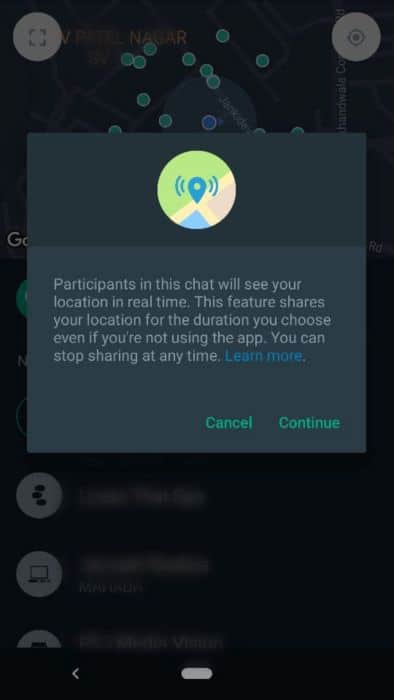Pop-up from whatsapp for location sharing with continue and cancel option