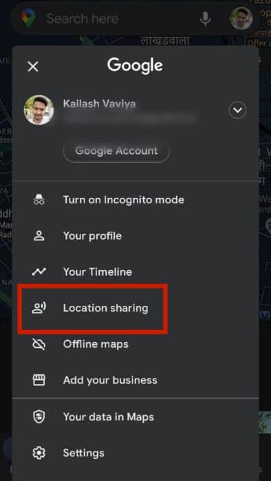 Click on location sharing from the menu