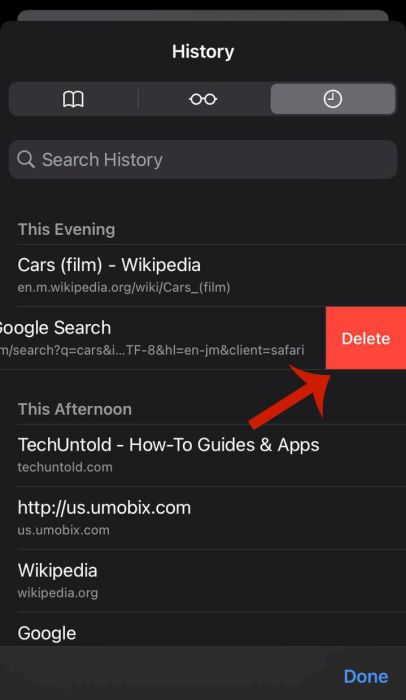 Swipe left on any history item to delete it